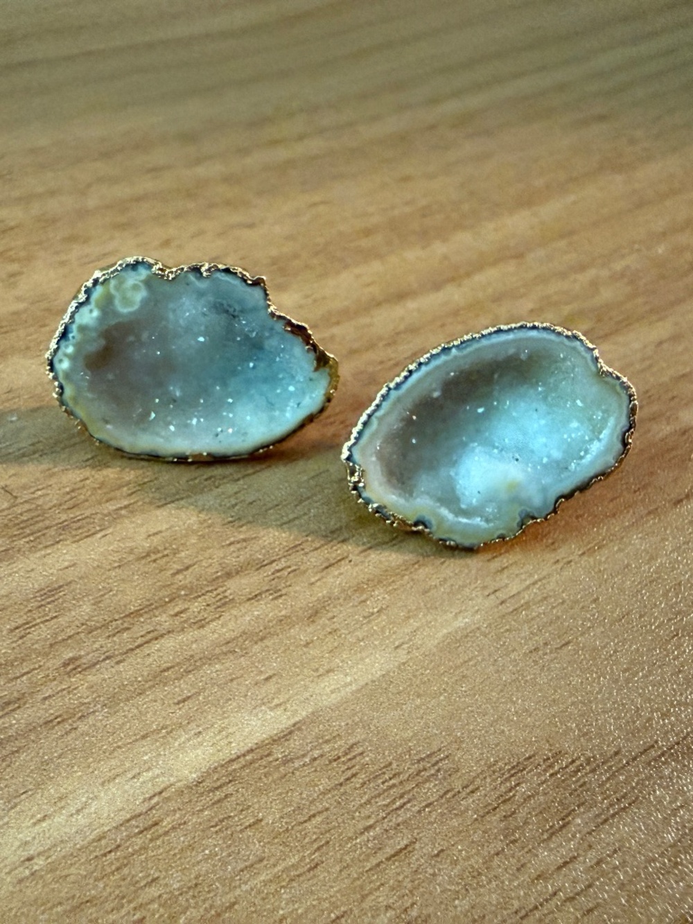 Gold Tone Natural Stone Slice Stud Earrings Neutral